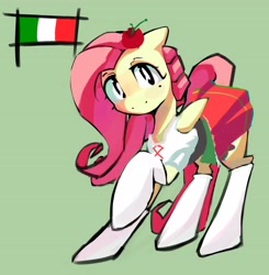 Size: 3640x3719 | Tagged: safe, alternate version, artist:solid shrimp, fluttershy (mlp), equine, fictional species, mammal, pegasus, pony, friendship is magic, hasbro, my little pony, blouse, bottomwear, clothes, female, food, hat, headwear, italy, looking at you, mare, skirt, smiling, socks, solo, solo female, tomato