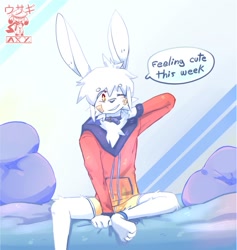 Size: 683x719 | Tagged: safe, artist:axyusagi, oc, oc only, oc:axy, lagomorph, mammal, rabbit, anthro, amber eyes, bed, clothes, collar, ears, feet, fur, hair, hoodie, male, one eye closed, paws, sitting, solo, solo male, speech bubble, text, topwear, white body, white fur, white hair