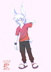 Size: 752x1068 | Tagged: safe, artist:axyusagi, oc, oc only, oc:axy, lagomorph, mammal, rabbit, anthro, amber eyes, bottomwear, clothes, ears, feet, fur, hair, looking at you, male, pants, paws, plaster, sandals, shirt, shoes, short tail, simple background, solo, solo male, standing, tail, topwear, white body, white fur, white hair