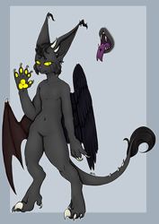 Size: 1446x2039 | Tagged: safe, artist:natt333, chimera, demon, fictional species, hybrid, anthro, ambiguous gender, black body, black fur, claws, digital art, ears, feathers, fur, looking at you, open mouth, paw pads, paws, reference sheet, solo, tail, tail tuft, tongue, tongue out, wings, yellow eyes