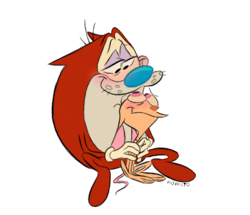 Size: 438x376 | Tagged: safe, artist:nomiloarts, ren höek (ren and stimpy), stimpy (ren and stimpy), canine, cat, chihuahua, dog, feline, mammal, anthro, nickelodeon, ren and stimpy, ahoge, beige fur, blue nose, blushing, clothes, duo, duo male, ears, ears down, fat, gloves, half closed eyes, hug, looking at each other, low res, male, male/male, males only, overweight, overweight male, pink eyes, red body, red nose, simple background, smiley face, smiling, tail, tan body, watermark, whiskers, white background, white body