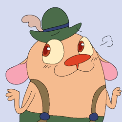 Size: 509x509 | Tagged: safe, anonymous artist, canine, chihuahua, dog, mammal, anthro, nickelodeon, ren and stimpy, 4chan, blush lines, blushing, bottomwear, clothes, colored sclera, ears, ears down, feather hat, green clothing, hat, headwear, male, orange eyes, orange nose, reaction image, simple background, smiling, solo, solo male, suspenders, sven höek (ren and stimpy), toy dog, yellow sclera