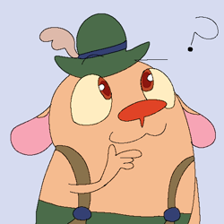 Size: 509x509 | Tagged: safe, anonymous artist, canine, chihuahua, dog, mammal, anthro, nickelodeon, ren and stimpy, 4chan, bottomwear, clothes, colored sclera, ears, ears down, feather hat, green clothing, hat, headwear, male, orange eyes, orange nose, question mark, raised eyebrows, reaction image, simple background, smiling, solo, solo male, suspenders, sven höek (ren and stimpy), thinking, toy dog, yellow sclera