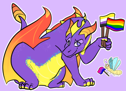 Size: 1800x1300 | Tagged: safe, artist:pawscribbles, sparx (spyro), spyro the dragon (spyro), arthropod, dragon, fictional species, western dragon, feral, spyro the dragon (series), 2017, bisexual pride flag, duo, duo male, flag, gay pride flag, holding, holding object, looking offscreen, male, males only, nonbinary, nonbinary pride flag, outline, pride flag, purple background, purple body, simple background, smiling