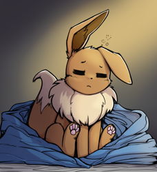 Size: 1418x1556 | Tagged: safe, artist:otakuap, eevee, eeveelution, fictional species, mammal, feral, nintendo, pokémon, 2023, ambiguous gender, black nose, digital art, ears, eyes closed, fluff, fur, neck fluff, paw pads, paws, sitting on bed, solo, solo ambiguous, tail, tired