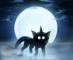 Size: 2128x1731 | Tagged: safe, artist:otakuap, eeveelution, fictional species, mammal, vaporeon, feral, nintendo, pokémon, 2023, ambiguous gender, detailed background, digital art, ears, fins, fur, glowing, glowing eyes, looking at you, moon, night, sky, solo, solo ambiguous, tail