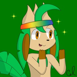 Size: 2048x2048 | Tagged: safe, artist:celandine, eeveelution, fictional species, leafeon, mammal, anthro, nintendo, pokémon, 2020, brown body, brown eyes, brown fur, fur, green body, green tail, hair, open mouth, paws, plant, rainbow clothes, signature, tail, tan body, tan fur, tan hair, tongue