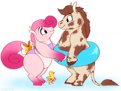 Size: 1144x858 | Tagged: safe, artist:prettypinkpony, oc, oc only, bird, duck, equine, horse, mammal, waterfowl, semi-anthro, 2d, bikini, clothes, female, group, inner tube, looking at each other, male, smiling, swimsuit, trio