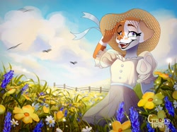 Size: 2048x1534 | Tagged: safe, artist:girlsroka, canine, dog, mammal, anthro, 2d, clothes, cottagecore, dress, female, fence, flower, hat, headwear, open mouth, open smile, plant, puffy sleeves, smiling, solo, solo female, sun hat, sundress
