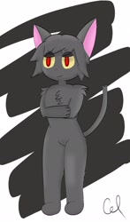 Size: 1205x2048 | Tagged: safe, artist:celandine, cat, feline, mammal, anthro, 2020, colored sclera, fur, gray body, gray fur, paws, red eyes, signature, solo, tail, yellow sclera