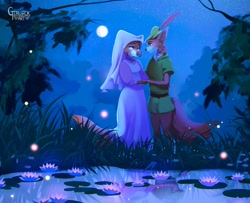 Size: 2048x1660 | Tagged: safe, artist:girlsroka, maid marian (robin hood), robin hood (robin hood), arthropod, canine, firefly, fox, insect, mammal, red fox, anthro, disney, robin hood (disney), 2023, 2d, ambient wildlife, canon ship, duo, duo male and female, female, holding, holding hands, lilypad, looking at each other, male, male/female, shipping, vixen, water
