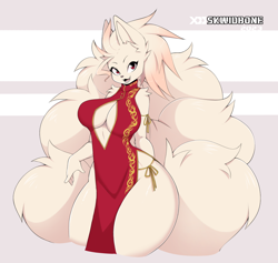 Size: 1200x1137 | Tagged: safe, artist:skwidbone, oc, oc only, fictional species, ninetales, anthro, nintendo, pokémon, 2023, abstract background, black nose, breasts, chinese dress, digital art, ears, eyelashes, female, fur, hair, looking at you, open mouth, pose, red eyes, sharp teeth, simple background, solo, solo female, tail, teeth, thighs, tongue, white body, white fur, white hair, wide hips