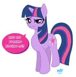 Size: 600x608 | Tagged: safe, artist:pandadox, twilight sparkle (mlp), equine, fictional species, mammal, pony, unicorn, feral, friendship is magic, hasbro, my little pony, 2011, eyelashes, female, horn, mare, purple body, simple background, solo, solo female, tail, talking, transparent background, vulgar
