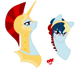 Size: 652x572 | Tagged: safe, artist:pandadox, oc, oc only, earth pony, equine, fictional species, mammal, pony, unicorn, feral, friendship is magic, hasbro, my little pony, 2011, armor, bust, duo, frowning, headwear, helmet, horn, male, peytral, scar, simple background, solo, solo male, stallion, transparent background