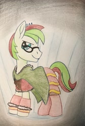 Size: 2348x3497 | Tagged: safe, artist:gracefulart693, oc, oc only, earth pony, equine, fictional species, mammal, pony, feral, friendship is magic, hasbro, my little pony, 2017, blue eyes, clothes, glasses, hat, headwear, high res, male, multicolored mane, multicolored tail, smiling, solo, solo male, stallion, tail, traditional art