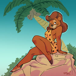 Size: 667x667 | Tagged: safe, artist:rayjay, rebecca cunningham (talespin), bear, mammal, anthro, talespin, barefoot, big butt, breasts, butt, feet, female, looking at you, palm tree, plant, rock, seductive, seductive eyes, seductive look, seductive pose, sitting, smiling, smiling at you, soles, solo, solo female, thick thighs, thighs, toes, tree, wide hips