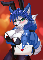 Size: 1619x2275 | Tagged: safe, artist:up1ter, krystal (star fox), canine, fox, mammal, anthro, nintendo, star fox, 2023, arm under breasts, bedroom eyes, big breasts, blushing, breasts, bunny ears, bunny suit, clothes, digital art, ear fluff, ears, eyelashes, female, fluff, hair, legwear, leotard, looking away, simple background, solo, solo female, stockings, tail, thighs, tribal markings, vixen, wide hips