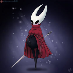 Size: 1500x1500 | Tagged: suggestive, artist:drxii, hornet (hollow knight), arachnid, arthropod, spider, anthro, hollow knight, blushing, breasts, female, mask, needle, pregnant, simple background, solo, solo female, weapon