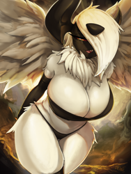Size: 3000x4000 | Tagged: safe, artist:faejunkie, absol, fictional species, mega absol, mega pokémon, anthro, nintendo, pokémon, 2023, black body, bra, breasts, clothes, feathers, female, fluff, fur, hair, hair over one eye, horn, huge breasts, neck fluff, panties, solo, solo female, tail, thick thighs, thighs, underwear, white body, white fur, white hair, wide hips, wings