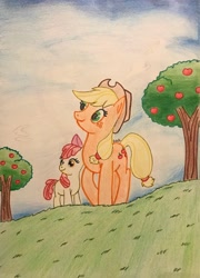 Size: 2408x3344 | Tagged: safe, artist:gracefulart693, apple bloom (mlp), applejack (mlp), earth pony, equine, fictional species, mammal, pony, feral, friendship is magic, hasbro, my little pony, 2017, apple, apple tree, bow, clothes, duo, duo female, female, females only, filly, foal, food, freckles, fruit, grass, hair bow, hat, headwear, high res, mare, outdoors, plant, siblings, sister, sisters, sky, smiling, stetson, traditional art, tree, young