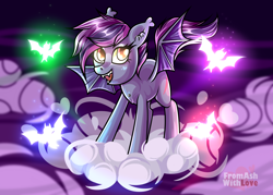 Size: 2800x2000 | Tagged: safe, artist:loverashley, oc, oc only, oc:dark cherry, bat, bat pony, equine, fictional species, mammal, pony, feral, friendship is magic, hasbro, my little pony, 2023, bat wings, cloud, ear fluff, female, fluff, high res, mare, night, on a cloud, smiling, solo, solo female, tail, webbed wings, wings