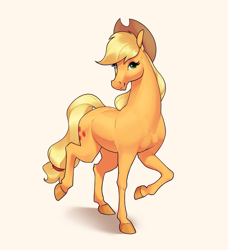 Size: 2845x3125 | Tagged: safe, artist:aquaticvibes, applejack (mlp), earth pony, equine, fictional species, mammal, pony, feral, friendship is magic, hasbro, my little pony, 2023, blonde hair, blonde mane, blonde tail, clothes, cowboy hat, female, fur, hair, hat, headwear, high res, hoers, hooves, mane, mare, orange body, orange fur, pink background, raised hoof, simple background, solo, solo female, stetson, tail