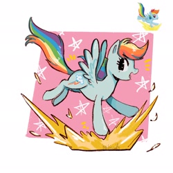 Size: 2048x2048 | Tagged: safe, artist:haibiscuits, rainbow dash (mlp), equine, fictional species, mammal, pegasus, pony, feral, friendship is magic, hasbro, my little pony, 2023, blue body, border, feathered wings, feathers, female, hair, high res, mane, mare, open mouth, open smile, rainbow hair, rainbow mane, rainbow tail, simple background, smiling, solo, solo female, spread wings, tail, toy interpretation, white background, white border, wings