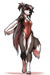 Size: 2000x3000 | Tagged: safe, artist:mykegreywolf, oc, oc only, oc:elizabeth (mrunknownblob), border collie, canine, collie, dog, mammal, anthro, digitigrade anthro, 2023, black body, black fur, black nose, clothes, digital art, ears, female, fur, gray hair, hair, looking at you, one-piece swimsuit, paws, simple background, smiling, solo, solo female, swimsuit, tail, white background, white body, white fur
