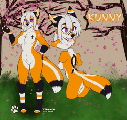 Size: 923x866 | Tagged: safe, artist:kuncel, artist:teranen, oc, oc only, oc:kunny vulpine, canine, fox, mammal, anthro, abstract background, base used, body markings, breasts, complex background, featureless breasts, featureless crotch, female, fur, hair, looking at you, multicolored ears, outdoors, purple eyes, reference sheet, solo, solo female, tail, text, tongue, tongue out, white hair