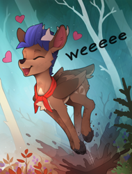 Size: 750x985 | Tagged: safe, artist:yakovlev-vad, oc, oc only, cervid, deer, hybrid, mammal, reindeer, feral, 2023, cloven hooves, detailed background, digital art, ears, eyes closed, forest, fur, hooves, jumping, male, open mouth, plant, reindeer antlers, short tail, solo, solo male, tail, tongue, tree, wings