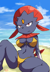 Size: 653x937 | Tagged: safe, artist:poopysocks9, fictional species, weavile, anthro, nintendo, pokémon, 2013, beach, bedroom eyes, belly button, bikini, breasts, clothes, detailed background, digital art, ears, eyelashes, female, fur, hair, looking at you, solo, solo female, swimsuit, tail, thighs, unamused, wide hips