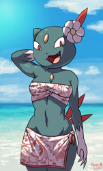 Size: 730x1205 | Tagged: safe, artist:poopysocks9, fictional species, sneasel, anthro, nintendo, pokémon, 2014, armpits, arms behind head, belly button, bikini, breasts, clothes, detailed background, digital art, ears, eyelashes, female, fur, looking at you, open mouth, sarong, solo, solo female, swimsuit, tail, thighs, tongue, wide hips