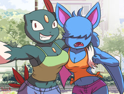 Size: 1016x775 | Tagged: safe, artist:poopysocks9, fictional species, sneasel, zubat, anthro, nintendo, pokémon, 2014, belly button, breasts, clothes, crop top, cute, cute little fangs, detailed background, digital art, duo, duo female, ears, eyelashes, fangs, female, females only, fur, hair, hair over eyes, looking at you, micro shorts, midriff, open mouth, selfie, shirt, solo, solo female, tail, teeth, thighs, tongue, topwear, wide hips, winged arms