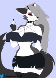 Size: 5000x7000 | Tagged: suggestive, artist:guilgamesh, loona (vivzmind), canine, fictional species, hellhound, mammal, anthro, hazbin hotel, helluva boss, 2022, absurd resolution, bedroom eyes, belly button, black nose, bottomwear, breasts, clothes, collar, colored sclera, digital art, ears, eyelashes, female, fingerless gloves, fingers, fur, gloves, hair, huge breasts, legwear, looking at you, middle finger, nipple outline, pose, red sclera, shorts, simple background, solo, solo female, spiked collar, stockings, tail, tank top, thighs, topwear, vulgar, wide hips