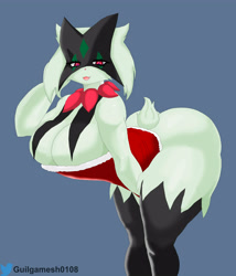 Size: 6000x7000 | Tagged: suggestive, artist:guilgamesh, fictional species, meowscarada, anthro, nintendo, pokémon, spoiler:pokémon gen 9, spoiler:pokémon scarlet and violet, 2022, bedroom eyes, belly button, big butt, breasts, butt, christmas, clothes, digital art, ears, eyelashes, female, fur, holiday, huge breasts, leotard, looking at you, mask, pink nose, pose, presenting, short tail, simple background, solo, solo female, starter pokémon, tail, thighs, wide hips