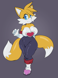 Size: 3022x4000 | Tagged: safe, artist:virito33, miles "tails" prower (sonic), canine, fox, mammal, red fox, anthro, sega, sonic the hedgehog (series), 2021, bedroom eyes, big breasts, boots, breast squish, breasts, cheek fluff, clothes, cosplay, digital art, ears, eyelashes, female, fluff, fur, hair, looking at you, multiple tails, pose, rule 63, shoes, simple background, solo, solo female, tail, thighs, two tails, vixen, wide hips