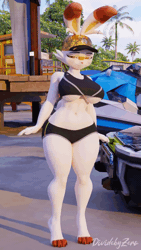 Size: 720x1280 | Tagged: safe, alternate version, artist:dividebyezer0, fictional species, scorbunny, anthro, digitigrade anthro, nintendo, pokémon, 2023, 3d, 3d animation, animated, bedroom eyes, belly button, blinking, bottomwear, bouncing breasts, breasts, clothes, dancing, digital art, ears, eyelashes, female, fur, looking at you, pose, red nose, shorts, solo, solo female, sound, source filmmaker, sports bra, sports shorts, starter pokémon, tail, thighs, topwear, underboob, webm, wide hips