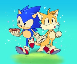 Size: 1603x1335 | Tagged: safe, artist:kuteun0, classic sonic, classic tails, miles "tails" prower (sonic), sonic the hedgehog (sonic), canine, fox, hedgehog, mammal, anthro, sega, sonic the hedgehog (series), 2023, black eyes, blue background, blue body, blue fur, candy, clothes, duo, duo male, food, fur, gloves, holding, holding food, holding hands, holding object, hot dog, lollipop, male, male/male, males only, shipping, shoes, simple background, sontails (sonic), tongue, walking, yellow body, yellow fur