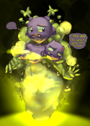 Size: 822x1157 | Tagged: suggestive, artist:elpatrixf, fictional species, weezing, anthro, nintendo, pokémon, 2013, belly button, breasts, convenient censorship, cross-popping veins, dialogue, digital art, ears, eyelashes, female, looking at each other, nudity, open mouth, pose, solo, solo female, speech bubble, tail, talking, talking to someone, text, thighs, tongue, unamused, wide hips