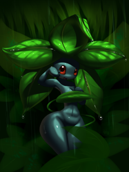 Size: 920x1227 | Tagged: suggestive, artist:elpatrixf, fictional species, oddish, anthro, nintendo, pokémon, 2013, belly button, breasts, convenient censorship, detailed background, digital art, ears, eyelashes, female, nudity, open mouth, pose, rain, small breasts, solo, solo female, thighs, tongue, wide hips