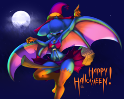 Size: 920x740 | Tagged: safe, artist:elpatrixf, fictional species, zubat, anthro, nintendo, pokémon, 2013, belly button, bikini, breasts, broom, broomstick, clothes, costume, cute, cute little fangs, detailed background, digital art, ears, eyelashes, fangs, female, hair, hair over eyes, halloween, halloween costume, hat, headwear, legwear, open mouth, pose, solo, solo female, stockings, swimsuit, tail, teeth, thighs, tongue, wide hips, witch costume, witch hat