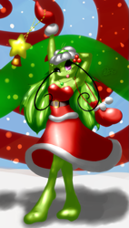 Size: 623x1097 | Tagged: safe, artist:elpatrixf, oc, oc only, fictional species, kaiju, anthro, digitigrade anthro, 2013, belly button, bottomwear, breasts, christmas, clothes, digital art, dress, ears, eyelashes, female, holiday, pose, solo, solo female, tail, thighs, wide hips