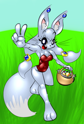 Size: 827x1226 | Tagged: safe, artist:elpatrixf, oc, oc only, lagomorph, mammal, rabbit, anthro, digitigrade anthro, 2013, breasts, clothes, digital art, ears, easter basket, easter egg, eyelashes, female, grass, leotard, open mouth, pose, solo, solo female, tail, thighs, tongue, wide hips
