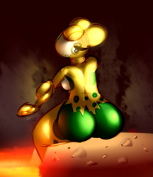 Size: 835x966 | Tagged: suggestive, artist:elpatrixf, fictional species, numel, anthro, nintendo, pokémon, 2013, belly button, breasts, butt, digital art, ears, eyelashes, female, looking at you, looking back, looking back at you, nudity, pose, rear view, scales, sideboob, sitting, solo, solo female, thighs, wide hips