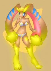 Size: 924x1280 | Tagged: safe, artist:elpatrixf, oc, oc only, fictional species, lopunny, mammal, anthro, nintendo, pokémon, 2013, arm fluff, belly button, bikini, breasts, clothes, commission, digital art, ear fluff, ears, eyelashes, female, fluff, fur, leg fluff, looking at you, pose, solo, solo female, swimsuit, tail, thighs, wide hips