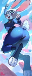 Size: 870x2048 | Tagged: safe, artist:aruurara, judy hopps (zootopia), lagomorph, mammal, rabbit, anthro, disney, zootopia, 2023, big butt, bottomwear, breasts, butt, carrot, clothes, ears, female, food, fur, gray body, gray fur, jumping, looking at you, looking back, looking back at you, looking down, looking down at you, open mouth, open smile, open toe footwear, pants, paws, police uniform, purple eyes, short tail, smiling, smiling at you, solo, solo female, tail, thick thighs, thighs, topwear, vegetables
