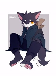 Size: 1517x2048 | Tagged: safe, artist:knochbot, oc, oc only, canine, mammal, anthro, backpack, barefoot, blue pants, clothes, fur, heterochromia, kemono, male, orange eyes, paw pads, pink paw pads, solo, solo male, white body, white fur