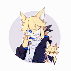 Size: 1024x1024 | Tagged: safe, artist:knochbot, oc, oc only, canine, mammal, anthro, blue eyes, bust, cute, fur, grin, holding, holding object, jewelry, kemono, male, necklace, one eye closed, outline, smiling, solo, solo male, teeth, white outline, winking, yellow body, yellow fur