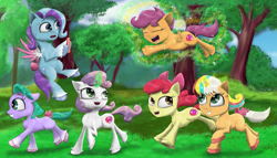 Size: 4895x2800 | Tagged: safe, artist:chopsticks, apple bloom (mlp), glory (mlp g5), peach fizz (mlp g5), scootaloo (mlp), seashell (mlp g5), sweetie belle (mlp), earth pony, equine, fictional species, mammal, pegasus, pony, unicorn, feral, friendship is magic, hasbro, my little pony, my little pony g5, spoiler:my little pony g5, 2023, apple bloom's bow, bow, cell phone, cheek fluff, chest fluff, chipped tooth, cute, cutie mark crusaders (mlp), ear fluff, eyes closed, female, filly, floppy ears, fluff, flying, foal, forest, glowing, glowing horn, gradient hooves, hair bow, high res, holding, hoof hold, hooves, horn, levitation, magic, magic aura, open mouth, peach fizz (mlp), phone, pippsqueak trio (mlp), raised hoof, running, seashell (mlp), smiling, spread wings, sweetie belle's magic brings a great big smile, telekinesis, unshorn fetlocks, wings, young