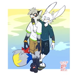 Size: 681x661 | Tagged: safe, artist:axyusagi, oc, oc only, oc:axy, lagomorph, mammal, procyonid, rabbit, raccoon, anthro, bottomwear, clothes, digital art, duo, duo male, ears, eyes closed, fur, gray body, gray fur, gray hair, hair, male, males only, paw pads, paws, plaster, shirt, shorts, signature, topwear, venezuela, white body, white fur, white hair